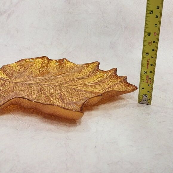 1  Autumn Harvest Leaf Glass Plates Gold Metallic Back - Picture 7 of 10